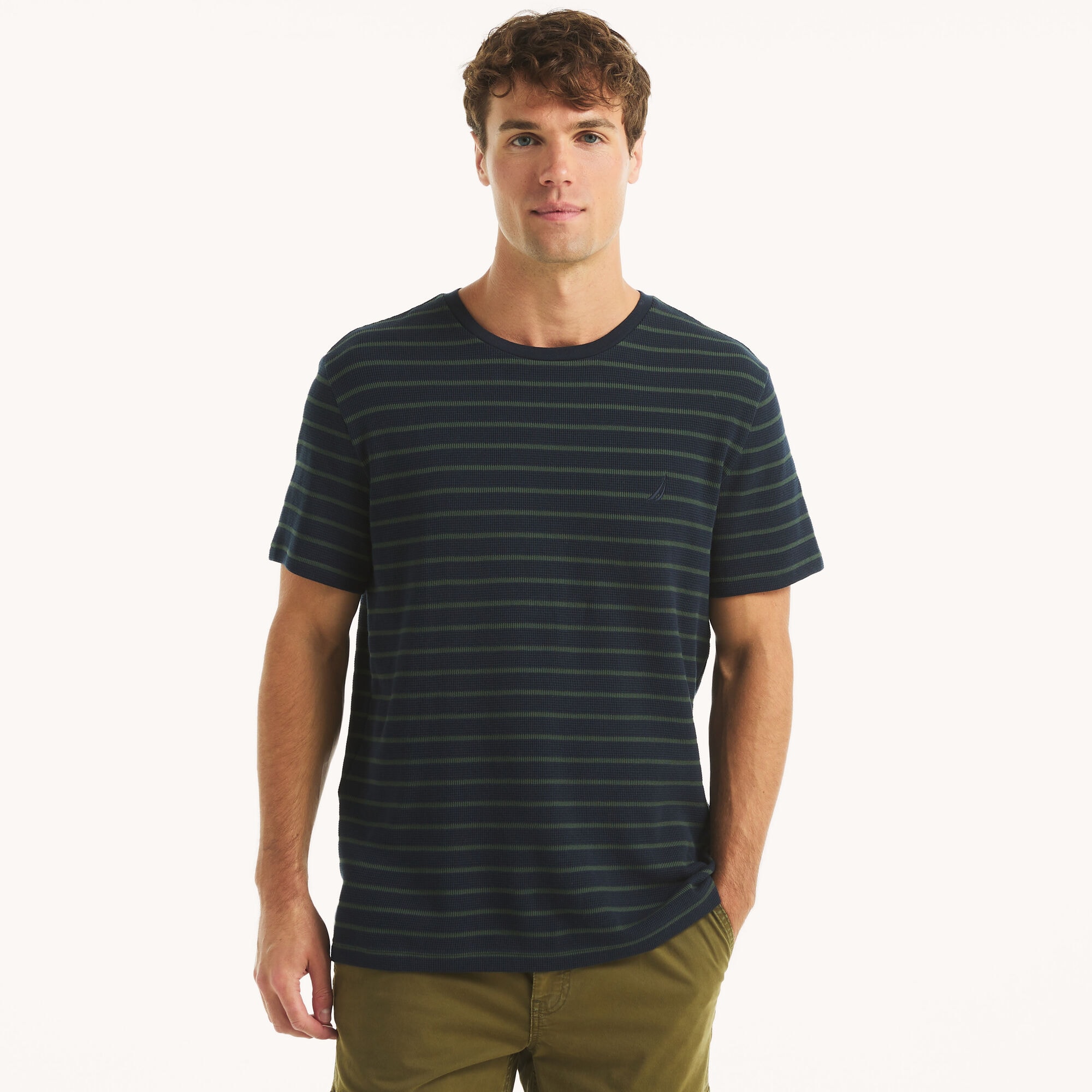 Nautica Men's Waffle Knit Striped Crewneck T-Shirt 482 (Stellar Blue Heather), XS