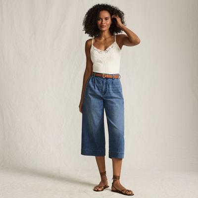 Wide Leg Denim Culotte Jeans, Mid Rise, Women, size: 10, petite, Blue, Cotton/Polyester/Cotton-blend, by Lands' End