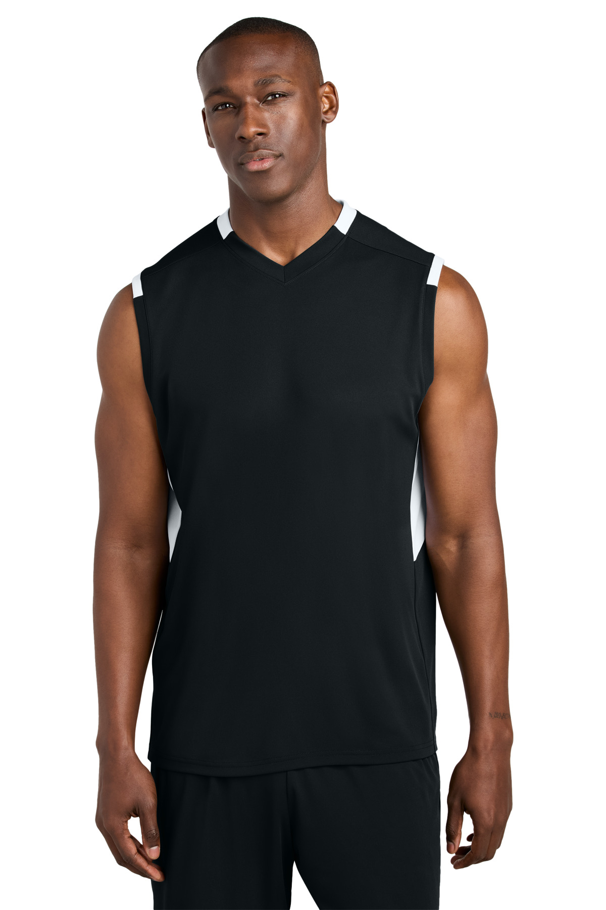 Sport-Tek ST441 Club Sleeveless V-Neck in Black/White size 4XL | Polyester