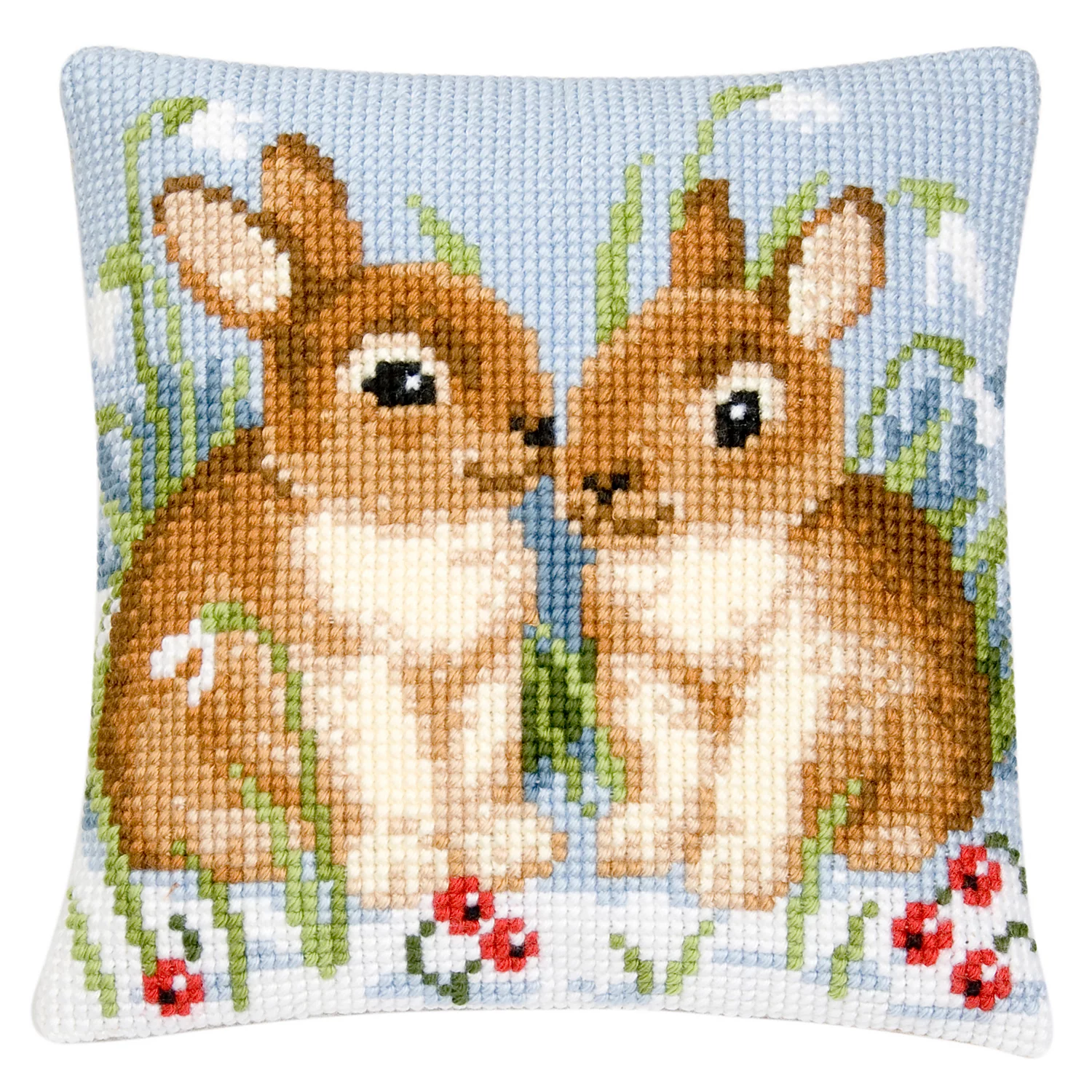 Kreuzstichkissen 2 Hasen & Schneeglöckchen