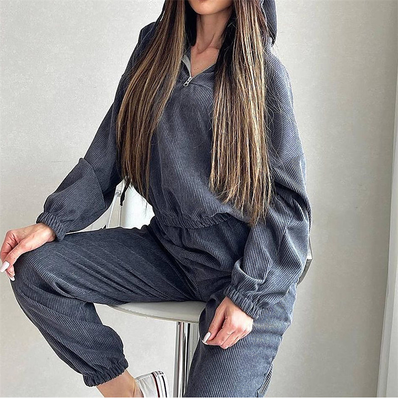 Women's Tracksuit Sweatpants Hooded Jacket Zipper Pocket Solid Colored Clothing Suit Fall Light Grey Apricot Corduroy Gym Workout Sports Windproof Long Sleeve Sport Activewear Micro-elastic Regular