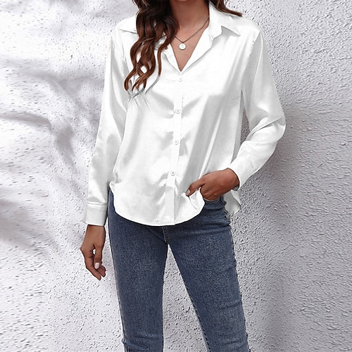 Per donna Camicia Elegant Elegante Raso/Satin Semplice Quotidiano Elegante Essenziale Manica Lunga Colletto a Camicia Top Regolari Lavoro Quotidiano Ferie Bottoni Nero Bianco Rosso Verde Primavera