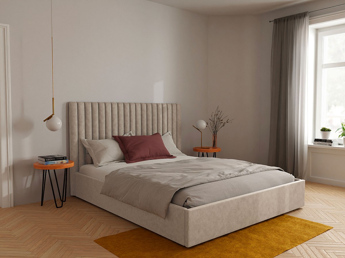 Letto con contenitore e testata con cuciture verticali 180 x 200 cm Tessuto Beige SARAH