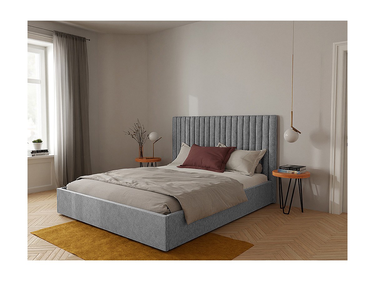 Letto con contenitore e testata letto cuciture verticali 180 x 200 cm Tessuto Grigio SARAH