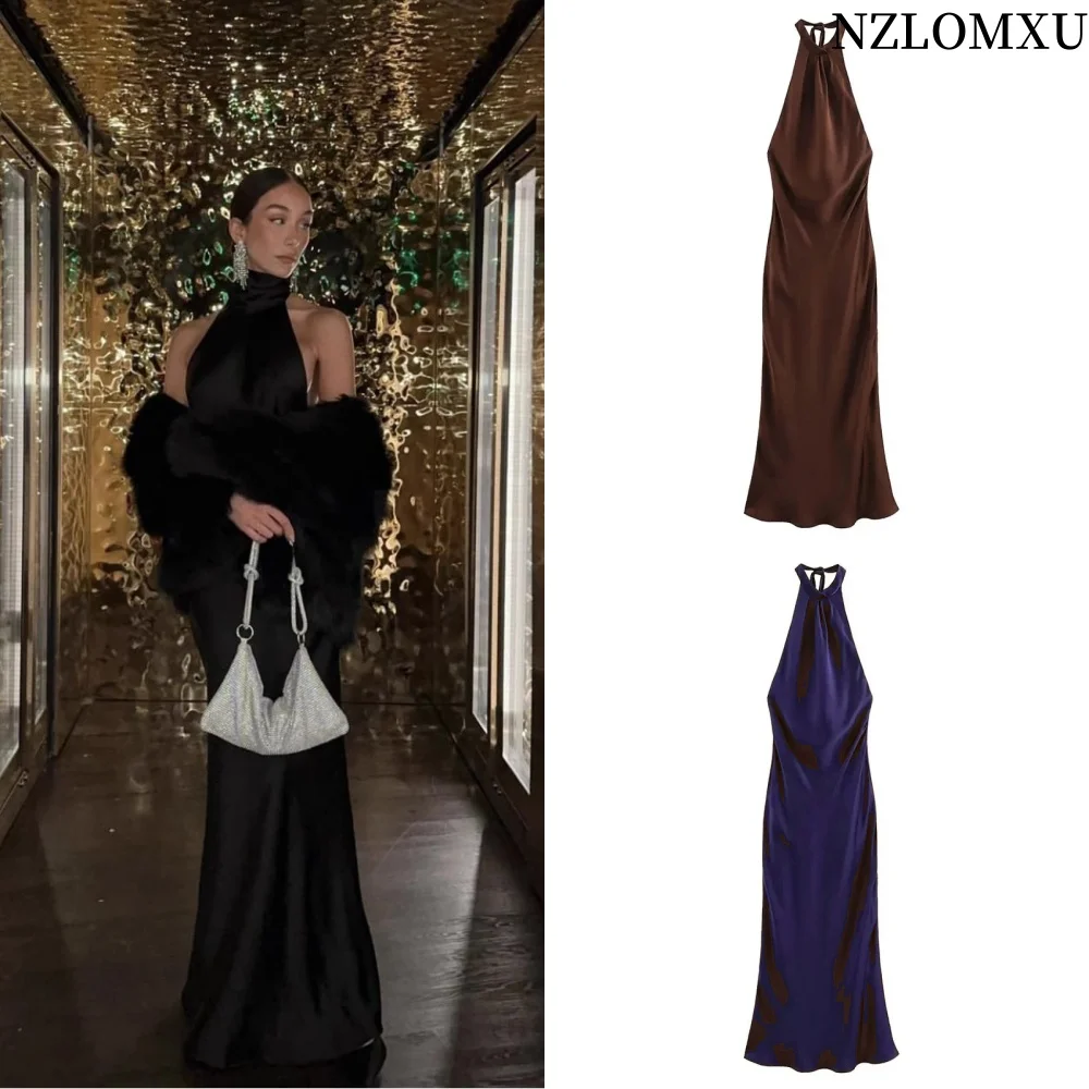 2025 frauen Mode Braun Backless Satin Kleid Weibliche Ärmellose Lose Lange Kleider Chic Sexy Party Langes Kleid