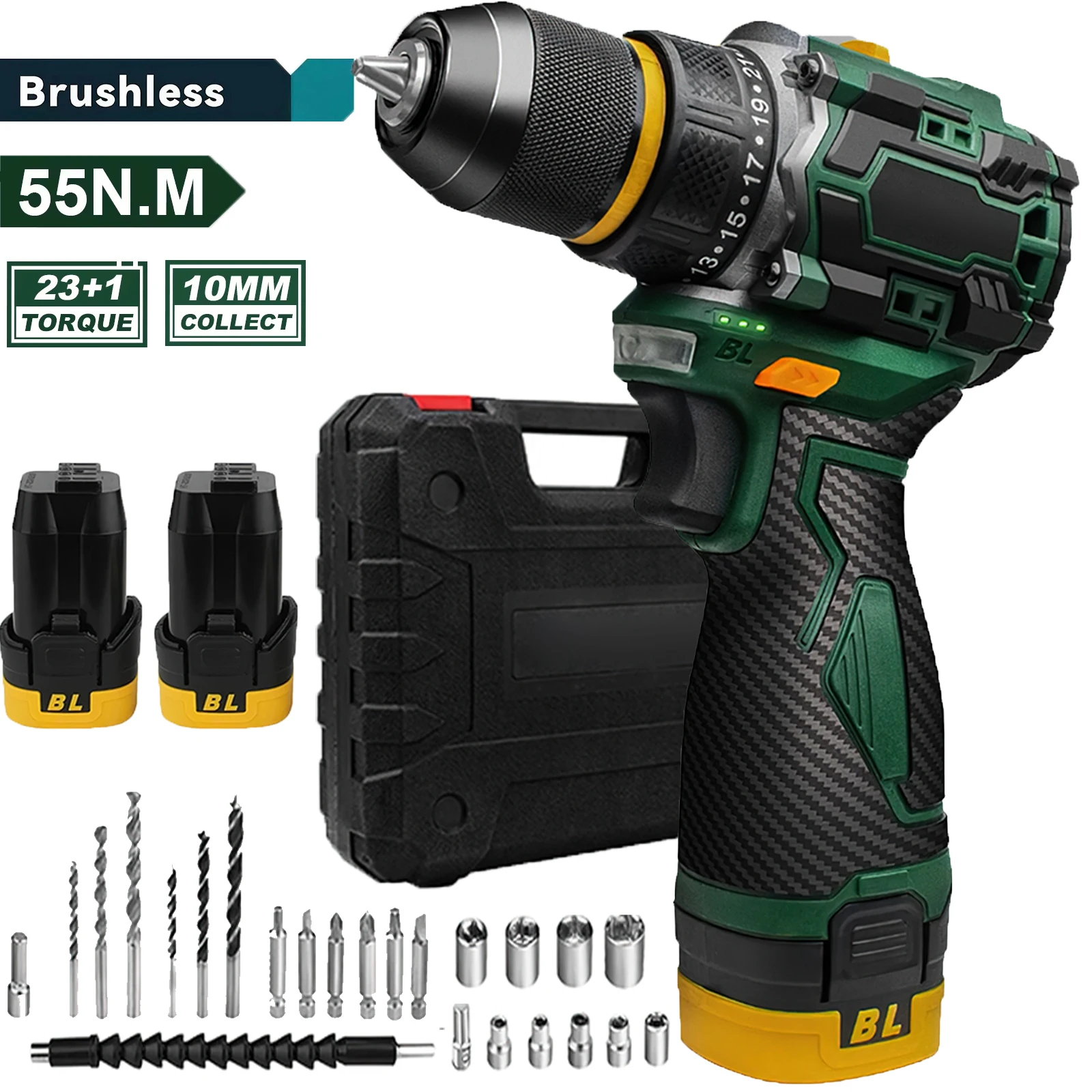 55N.M 10MM 23 + 1 Coppia Brushless Trapano a percussione elettrico Mandrino a cricchetto in metallo Trapano a batteria Cacciavite elettrico Utensili elettrici fai da te