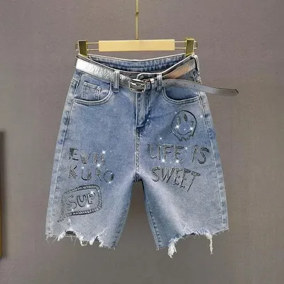 Blue Denim Five quarter Pants Women's Streetwear 2025 Summer New High waisted Loose Rhinestone letter Jeans Female Casual Shorts