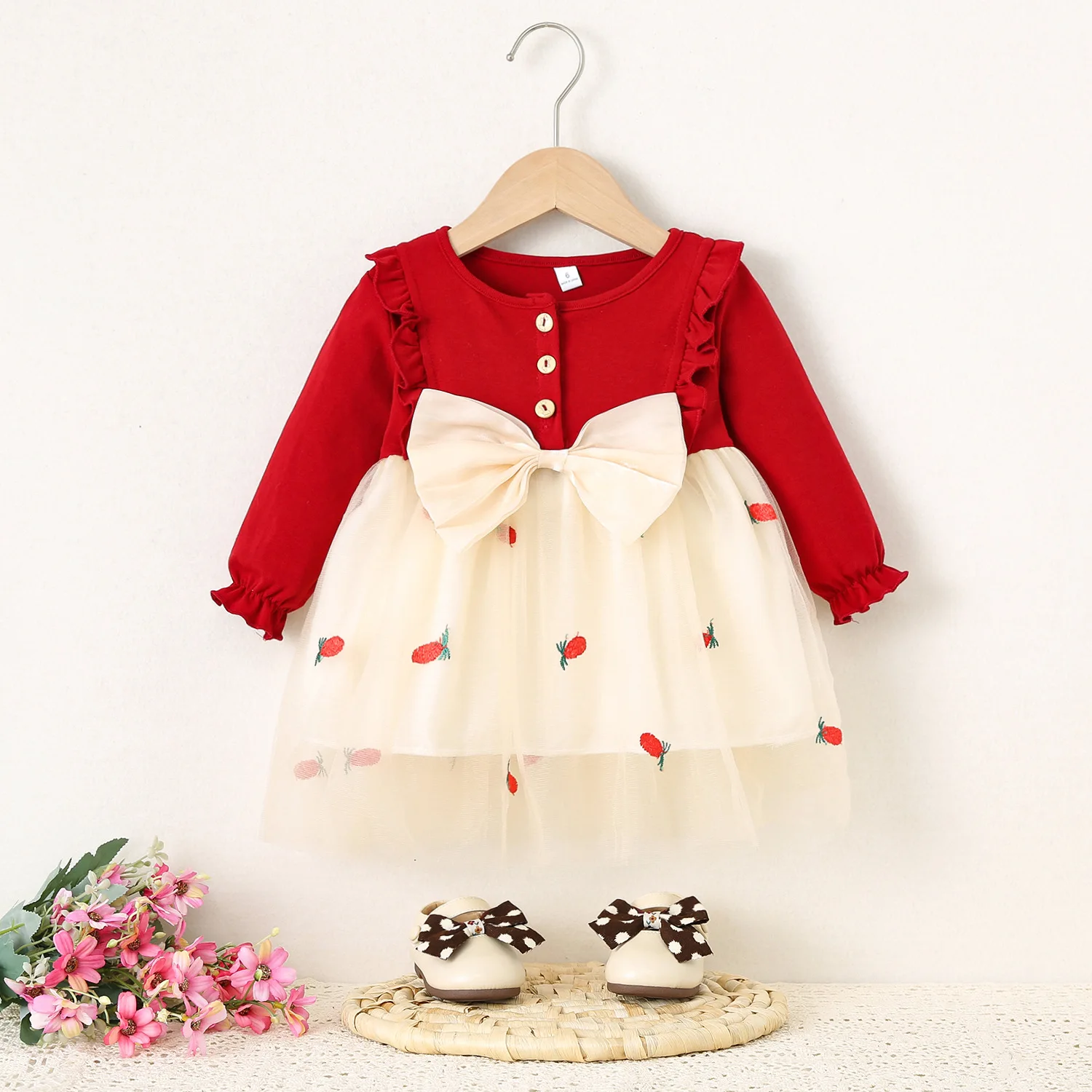 Baby Mädchen Kleider Frühling und Herbst Bogen Baumwolle Langarm Mädchen Kleider Nette Mesh Mädchen Prinzessin Kleider Baby Mädchen Kleidung Image