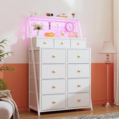 51" H Dresser for Bedroom with 11 Fabric Drawers & LED Lights, White Tall Dressers & Chests of Drawers for Bedroom, Living Room