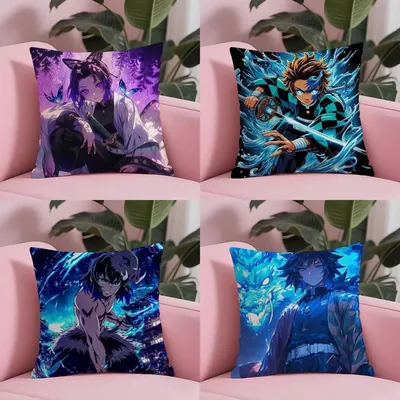 Demon Slayer Kimetsu No Yaiba Anime-Kissenbezug, Anti-Dustmite-Kissenbezug, unsichtbarer Reißverschluss, seidiger kurzer Plüsch-Sofa-Kissenbezug Image
