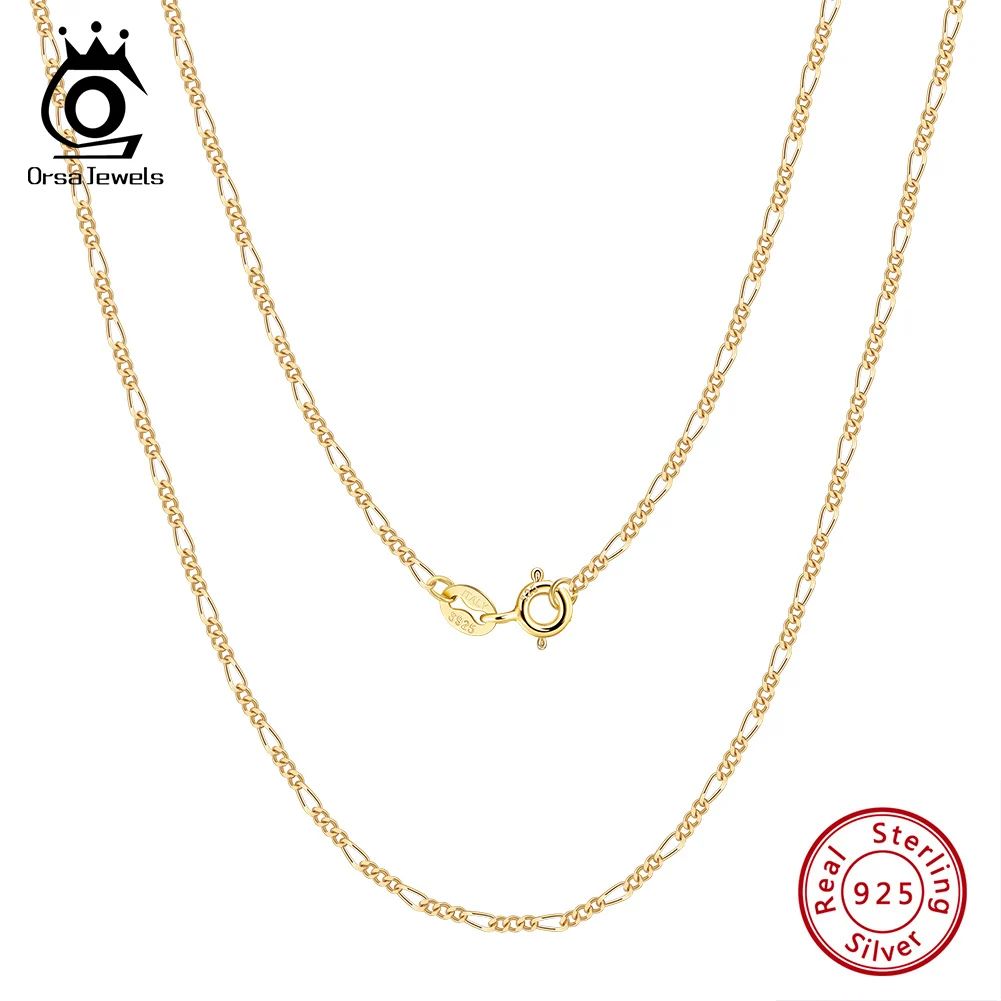ORSA JEWELS 1.7mm 925 Sterling Silver 18K Gold Italy Figaro Chain Necklace Women Men Jewelry Vintage DIY Collares Jewelry SC27