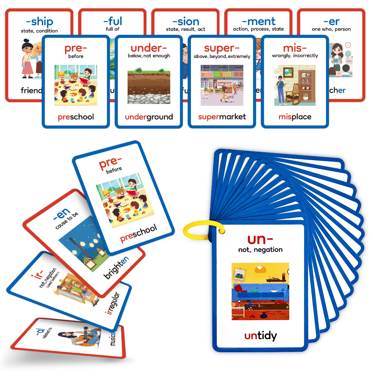15 Stück doppelseitige Lernkarten zur Vorbeugung und Suffixen, einfache Master-Wortbildung, ideal für Homeschools und Bildung Image