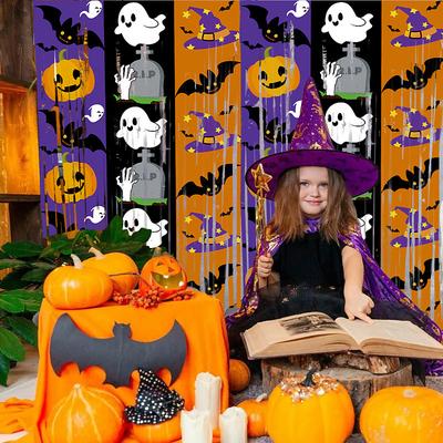 Halloween Foil Fringe Curtain Tinsel Curtain Backdrop Party Decorations with Bat, Pumpkin and Ghost, Spooky Party Backdrop and Photo Booth Decoration