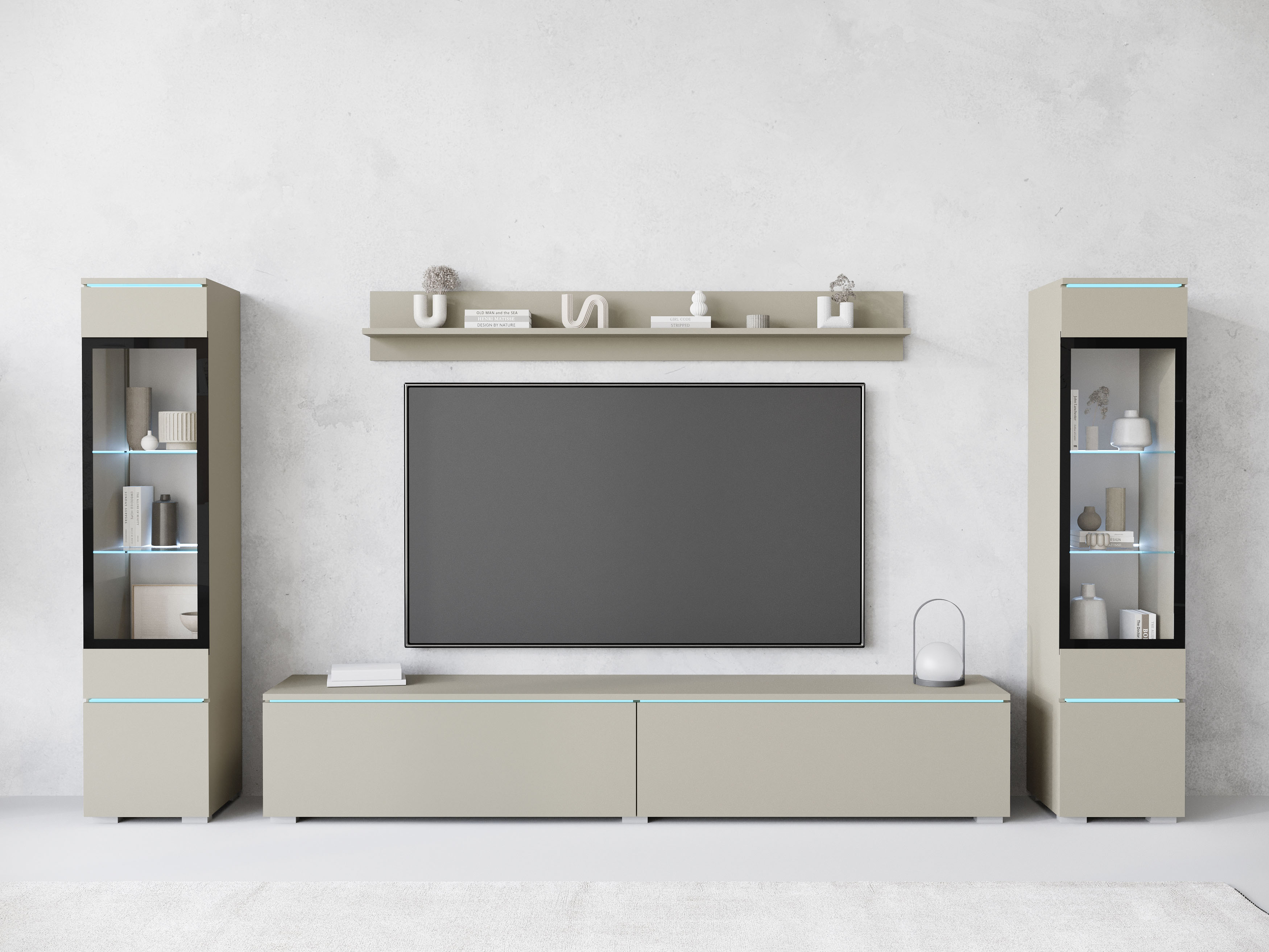 Wohnwand INOSIGN "VERA II", beige (kaschmir), B:260cm H:130cm T:33cm, Kastenmöbel-Sets, Mediawand 260 cm, Vitrine mit Verglasung, stehend und hängend, Topseller