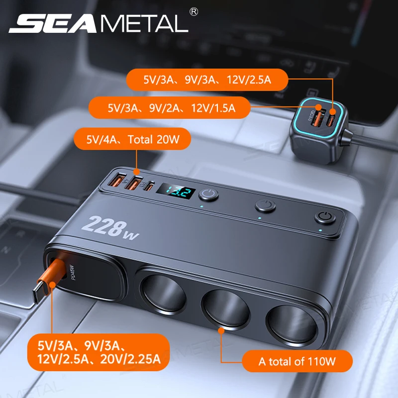 SEAMETAL 228W Zigarettenanzünder Splitter Auto USB Ladegerät Adapter Multi Ports Schnellladung PD 45W Schnellladung Autotelefon Ladegerät Image