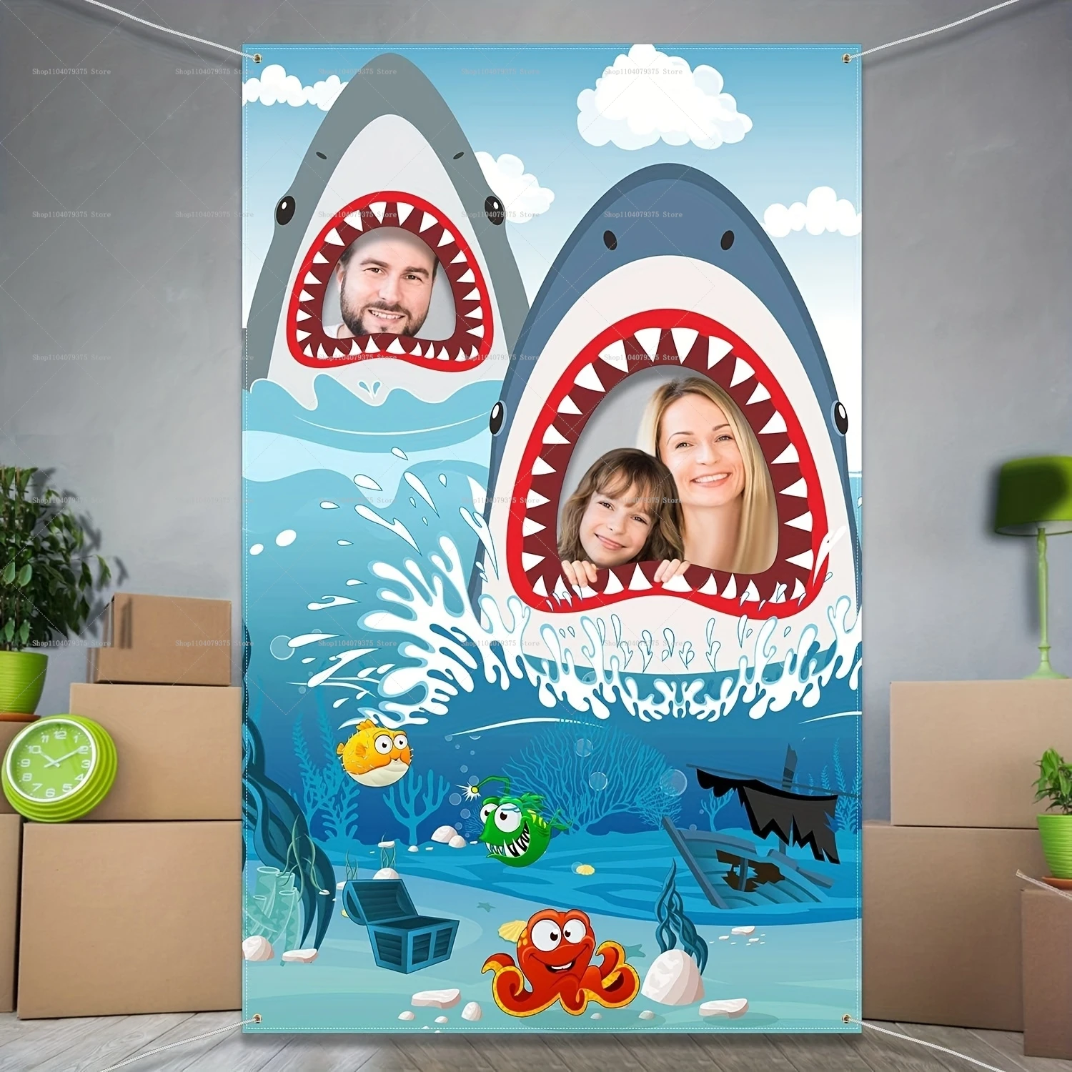 Hai-Party-Dekorationen, Hai-Fotografie-Hintergrund, Foto-Banner, geeignet für Jungen und Mädchen, Geburtstagsparty-Hintergrund Image