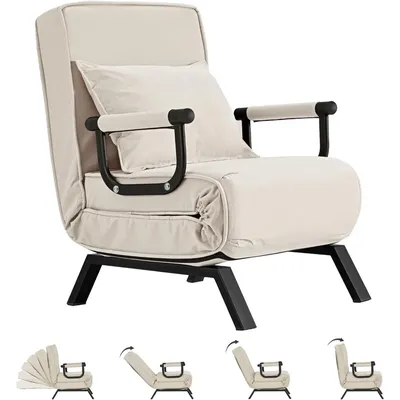Convertible Bed Sleeper Chair,Tri-fold Upholstered Armchair Sleeper with Pillow,Folding Leisure Chaise Lounge Couch with 6 Angle
