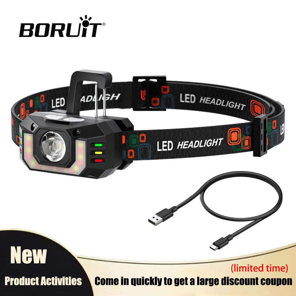 BORUiT LED-Scheinwerfer mit Bewegungsmelder, leistungsstarker wiederaufladbarer USB-C-Scheinwerfer, rot-weißer Scheinwerfer, Scheinwerfer mit Haken, Batterie, Angeln Image