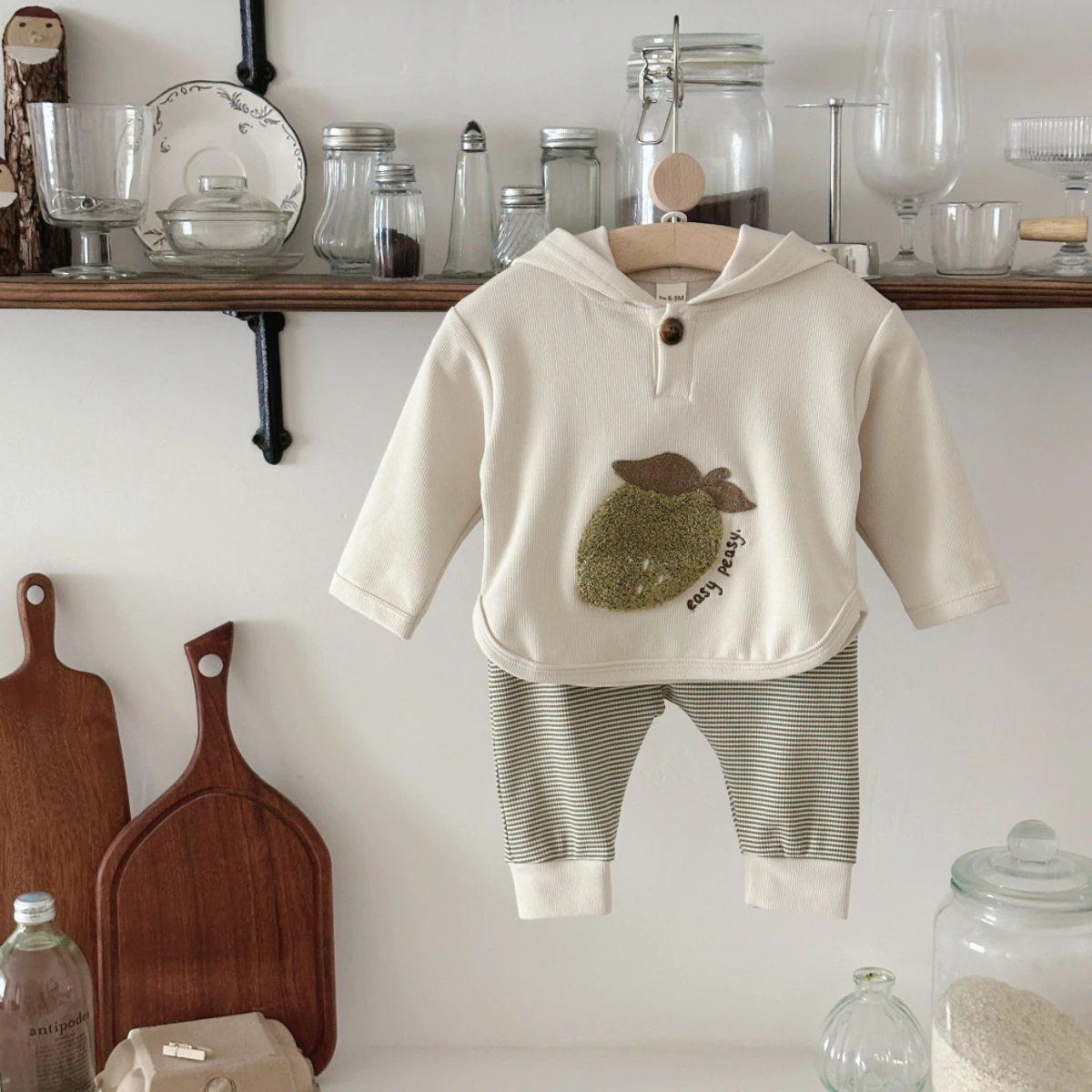 Baby-Kleidung, Kapuzenpullover, Obst-Patch, langärmelig, gestreift, lange Hose, Kinderanzug, 2-teilig, Herbst-Cartoon, lässiges Kinder-Set ﻿ Image