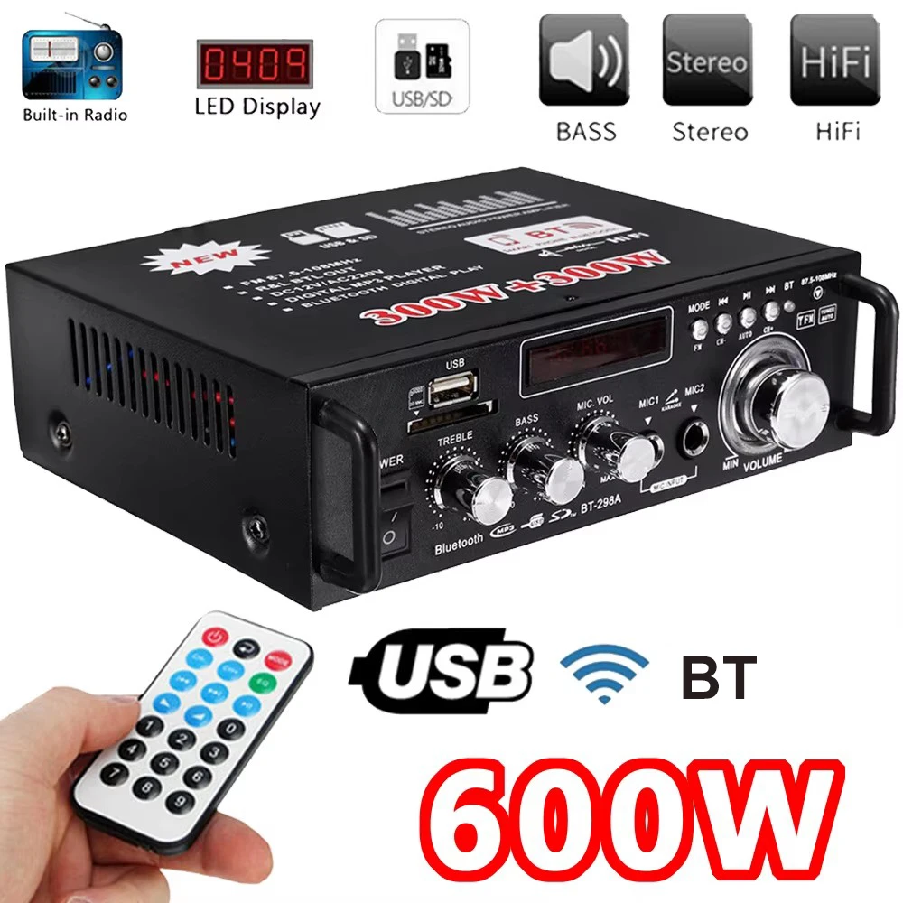 600W Amplificatore Digitale 298BT Audio Bass Audio Potenza Bluetooth Amplificatore Domestico Hifi FM Auto Musica Subwoofer Altoparlanti USB SD Mic