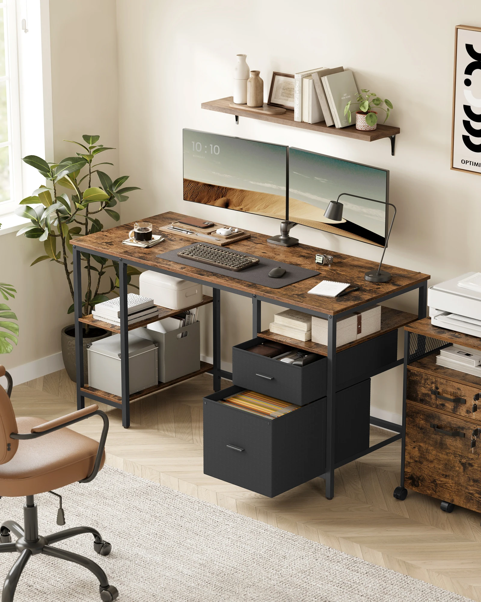 VASAGLE Computertisch, Bürotisch, Schreibtisch, mit 3 Ablagen, 2 Schubladen, 60 x 140 x 76 cm, fürs Büro, Wohnzimmer