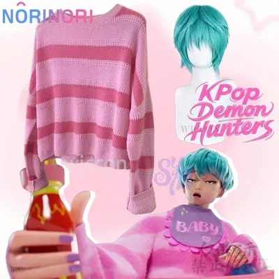 Dämon Kpop Gruppe Idol Saja Junge Cosplay Baby Anime Kostüm Rosa Streifen Uniform Schöne Kawaii Jirai Kei Anzug Perücken Halloween Party Image