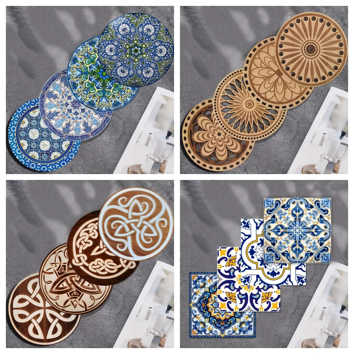 Ein Set aus 4-teiligen Kunstuntersetzern mit Mandala-Blumenmuster, rutschfesten Untersetzern aus Holz, geeignet für den Einsatz im Wohnzimmer Image