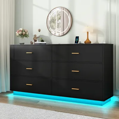 6 Drawers Dresser w/Power Outlet, 59" Long Wooden Dresser Chest, 60000-Colors Lights for Bedroom, Metal Handles of Drawers