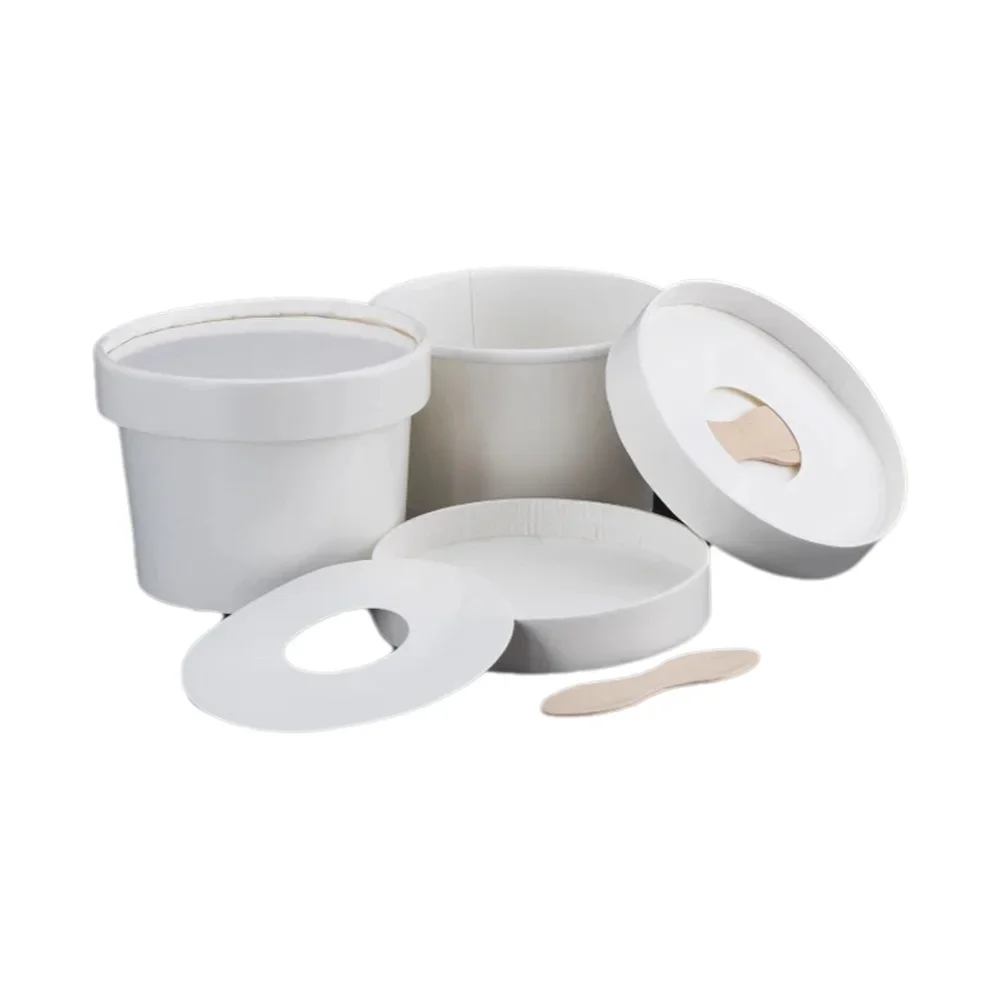 50 teile/los Einweg Eis Pappbecher Set mit Deckel Und Löffel Anpassbare Label Aufkleber für Logo Joghurt Papier Schüssel Image