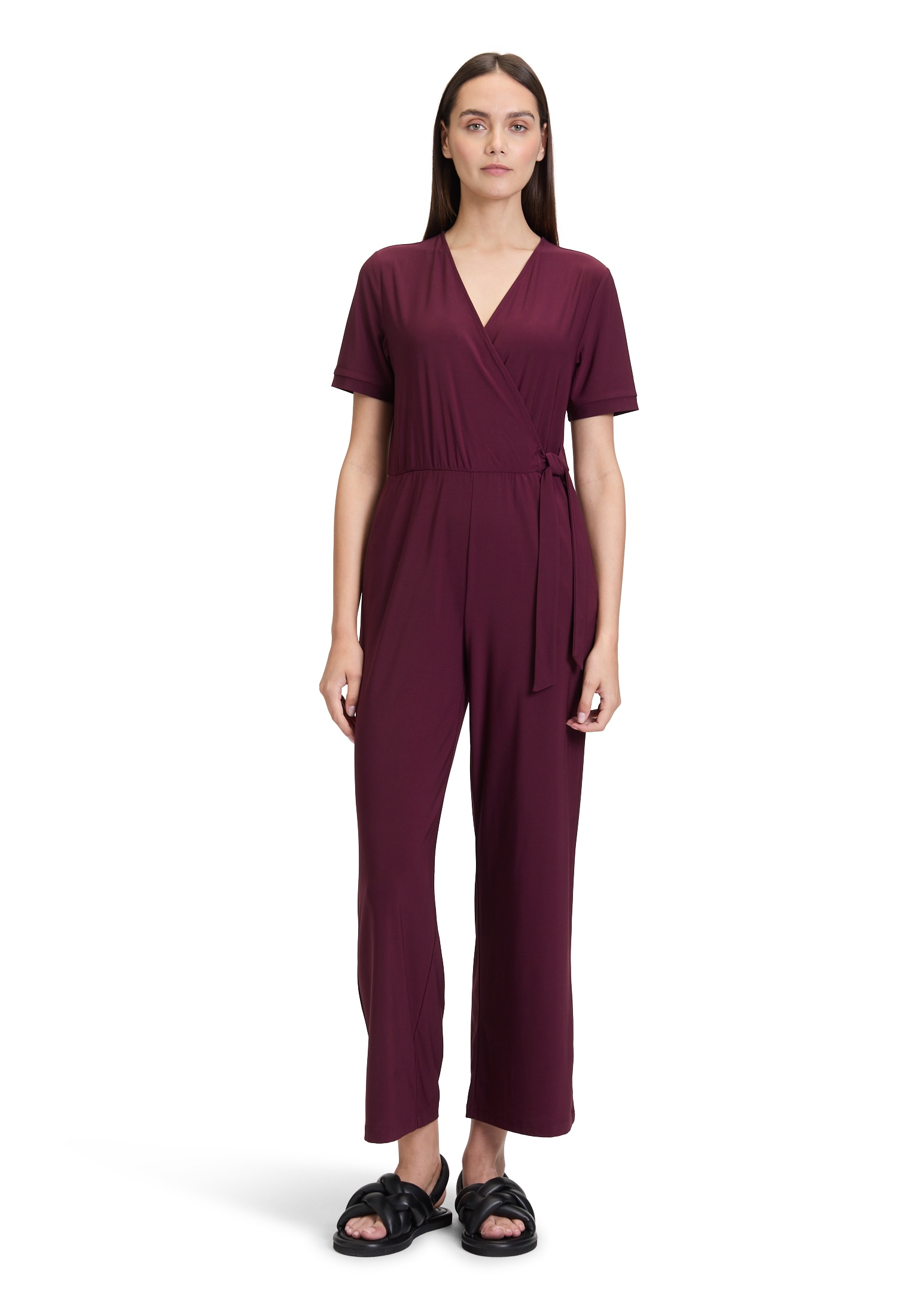 Overall CARTOON "Damen mit Bindegürtel", Damen, Gr. 46, Normalgrößen, lila (schwarz aubergine), Obermaterial: 95% Polyester, 05% Elasthan, loose fit, Wasserfallausschnitt, Overalls Overall, Design