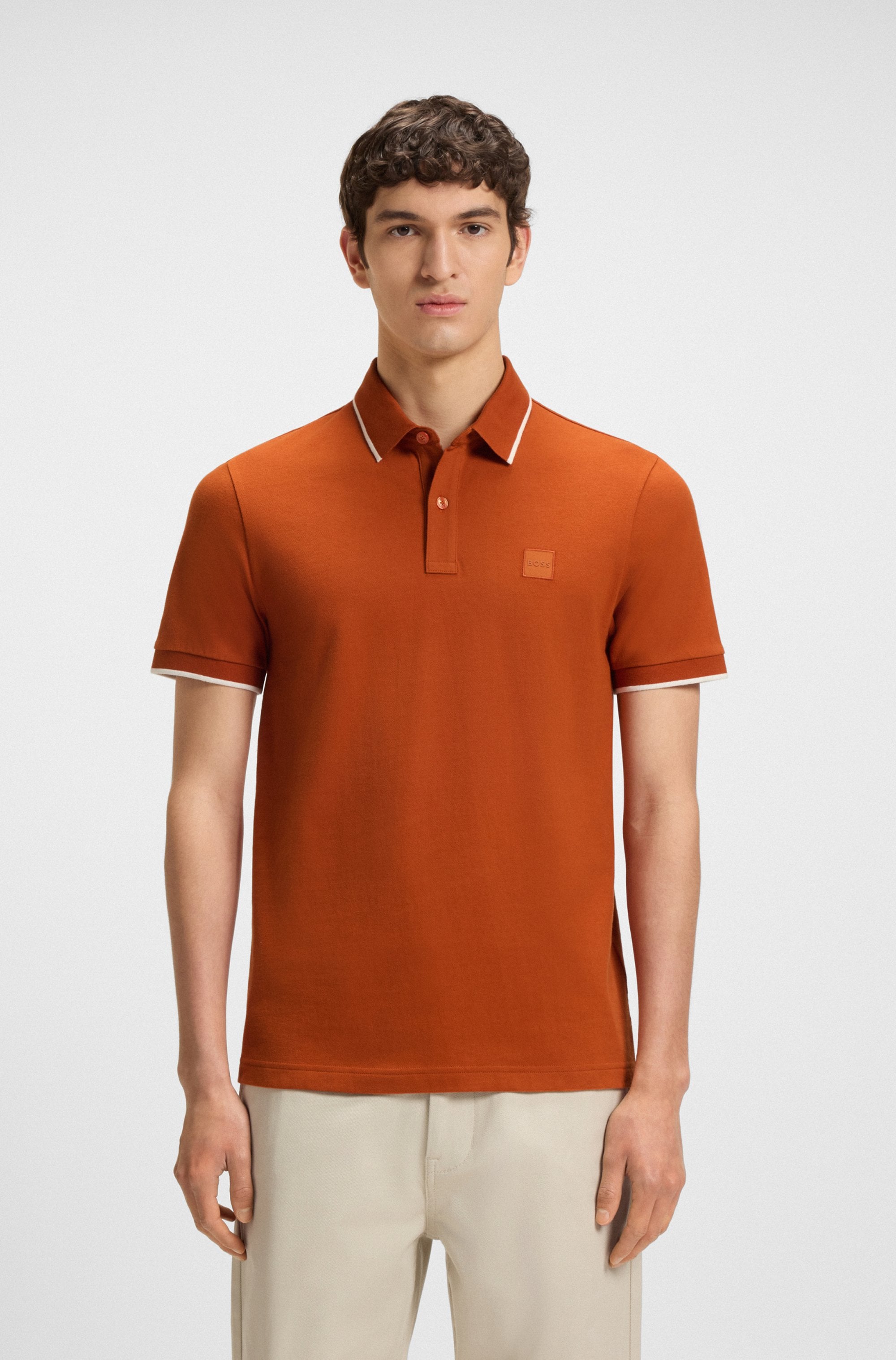 Poloshirt BOSS ORANGE "Passertip", Herren, Gr. 3XL, orange (open orange842), Piqué, Obermaterial: 95% Baumwolle, 5% Elasthan, slim fit hüftbedeckend, V-Ausschnitt, eingesetzt Bündchen, Shirts, mit BOSS Logo-Badge