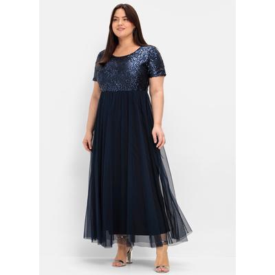 Abendkleid SHEEGO "Abendkleid", Damen, Gr. 54, Normalgrößen, blau (marine), 100% Polyester, unifarben, lang, Rundhals, Langarm, Kleider Image