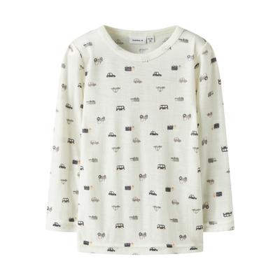 Langarmshirt NAME IT "NMMWANG WOOL NEEDLE LS TOP NOOS", Jungen, Gr. 92, snow weiß aop:small cars, Strick, Obermaterial: 100% Wolle, bedruckt, casual, normal, Rundhals, Langarm, Shirts, aus reiner Merinowolle Image
