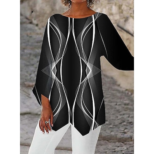 Damen Bluse Druck Asymmetrischer Saum Schmetterling Druck Täglich Stilvoll Langarm Rundhalsausschnitt Normale Oberteile Täglich Ferien Silber Schwarz und Grau Schwarz Sommer Frühling Image
