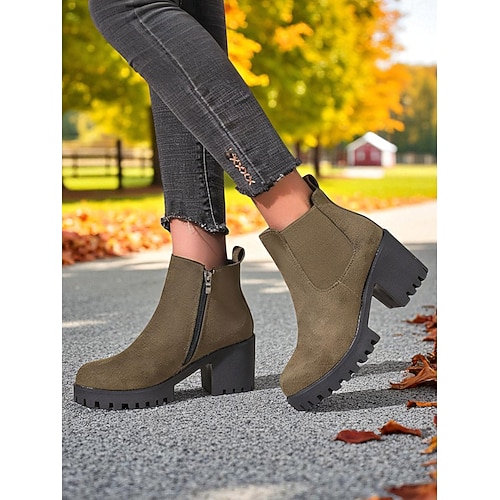 Chelsea-Stiefel aus Wildlederimitat für Damen – Stiefeletten mit Blockabsatz und Profilsohle für herbstliche Ausflüge auf den Bauernhof, Landstraßen und zum Kürbispflücken Image
