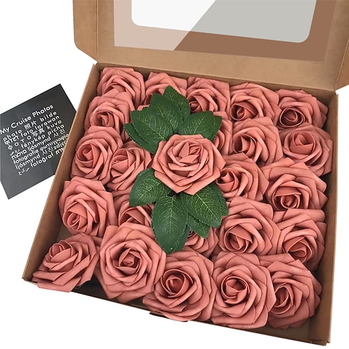 25 Rosen Europäische Geschenkbox Schaumstoff Pe Rosen mit Stiel und künstlichem Blumenhalter für Valentinstag Weihnachtsgeschenk