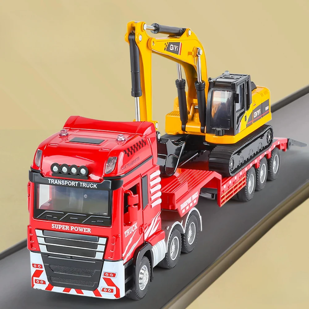 1:48 Flachbett-Auto, Baggermodell, Spielzeug, Legierungskörper, bewegliches Gelenk, Musik, Licht, Schiebetechnik, Fahrzeugmodelle, Hobby-Ornamente