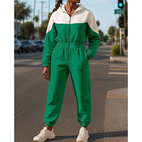 Damen Trainingsanzug Jogginghose Kapuzenjacke Mit Kapuze Reißverschlusstasche Farbblock Kombination Herbst Winter Schwarz Rosa Fitnessstudio Training Laufen Winddicht Langarm Sport Sportkleidung Image