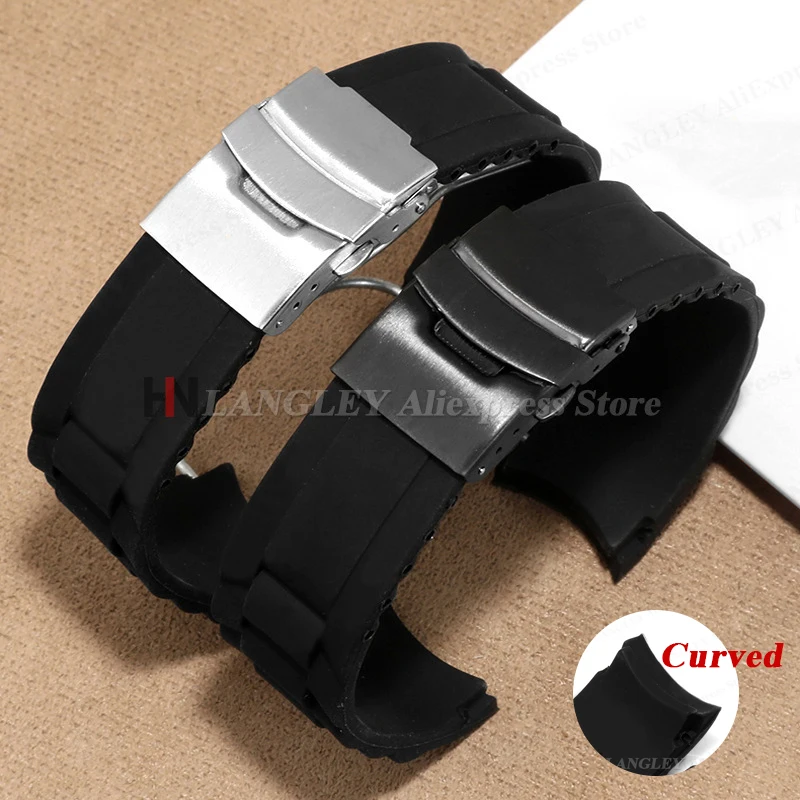 Silikonkautschuk-Uhrenarmband mit Faltschließe, 16 mm, 18 mm, 20 mm, 22 mm, 24 mm, 26 mm, gebogenes Armband, ersetzt Arc-End-Armbänder Image