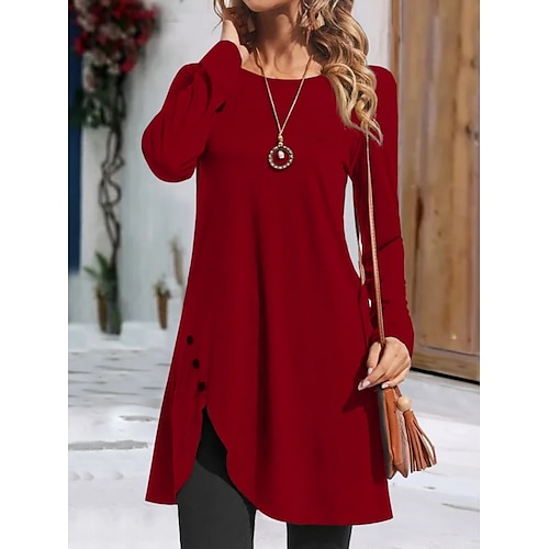 Damen Minikleid T-Shirt-Kleid Lässig Täglich Normale Passform Einfach Langarm Rundhalsausschnitt Schwarz Rote Grün Grau Frühling Herbst Image