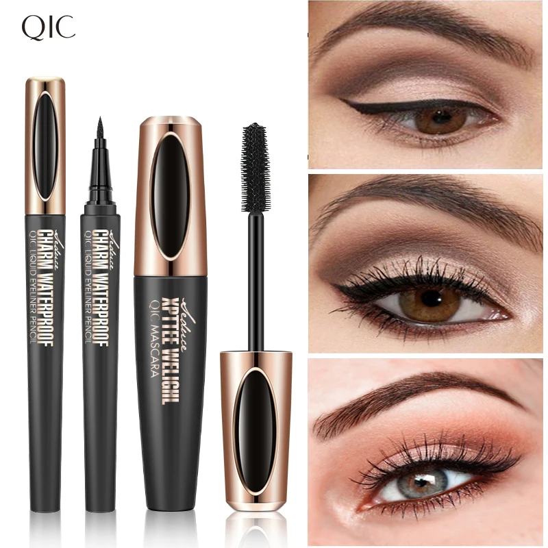 QIC Mascara mit Eyeliner-Kombination, schwarz, schlanke Zeichenlinie, glatte Definition, langlebig, wasserfest, Augen-Make-up, 2-teiliges Set Image