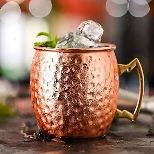 16oz Moscow Mule-Becher aus gehämmertem Kupfer, Einzelbecher mit Innenfutter aus 304er Edelstahl und Messinggriff, für kalte Getränke, Bier, Wein, Bar, Party, Geschenk Image