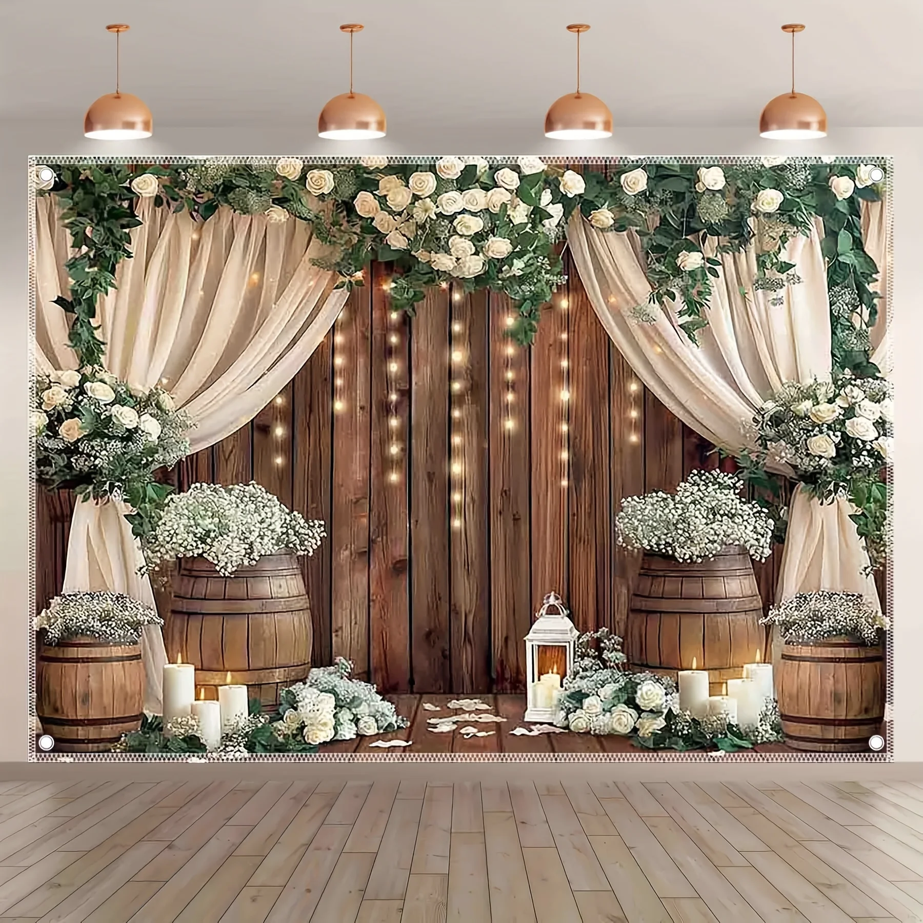Rustikaler Hochzeitshintergrund mit Blumenmuster – Vintage-Design mit weißen Rosen und grünem Design Image