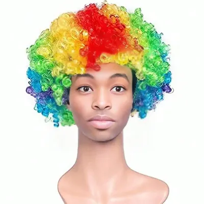Bunte Clown-Perücke, Afro-Locken, synthetisches Cosplay für Männer und Frauen, Karneval, Weihnachtsfeier, Perücke, Rot, Grün, Gelb, Blau, Perücke, Clown Image