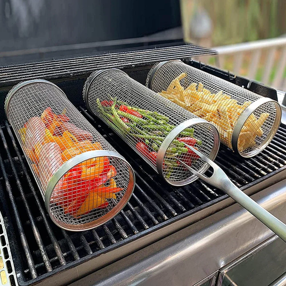 BBQ Korb Edelstahl Roll Grill Korb Zylinder Grill Korb Tragbare Runde Outdoor Camping Grill Rack mit Deckel