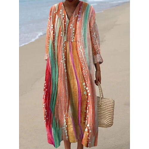 Damen Midi Kleid V-Ausschnitt Langarm Kaftan Leicht Lockerer Schnitt A-Linien Kleid Lässig Boho Party Ausgehen Lockerer Schnitt Grafisch Geometrisch Streifen Langarm V-Ausschnitt Schwarz Gelb Blau Image