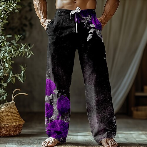 Herren Blumendruck Rose Blumen Hose Baggy-Hosen Freizeithose Mittlere Taille Retro Vintage Outdoor Urlaub Ferien Kordelzug Seitentaschen Elastischer Bund Sommer Frühling 3D-Druck Rote Blau Purpur Image
