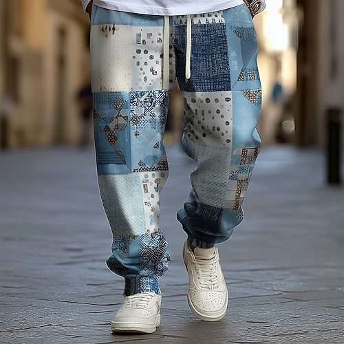 Herren Geometrisch Farbblock Patchwork Jogginghose Hose Mittlere Taille Kordelzug Elastischer Bund Ethnisch Vintage-Retro Joggen Streetwear Trainieren Sportliche Jogginghose mit Taschen Frühling Image