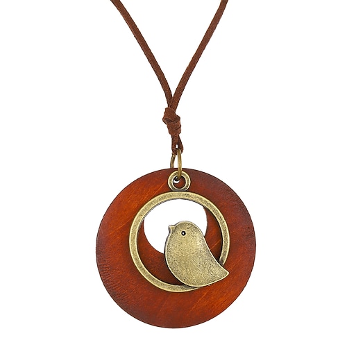 Damen-Halskette mit Vogelanhänger im Bohemian-Stil – handgefertigte lange Halskette aus Holz mit Kreis und Anhänger aus Legierung für Naturliebhaber, lässige Outfits oder als Geschenk Image
