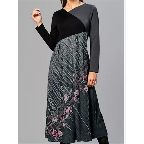 Damen Maxikleid Figurbetontes Kleid Halbformelle Kleider Büro Normale Passform Blumen Geometrisch Langarm Rundhalsausschnitt Schwarz Weiß Gelb Blau Frühling Herbst Winter Image